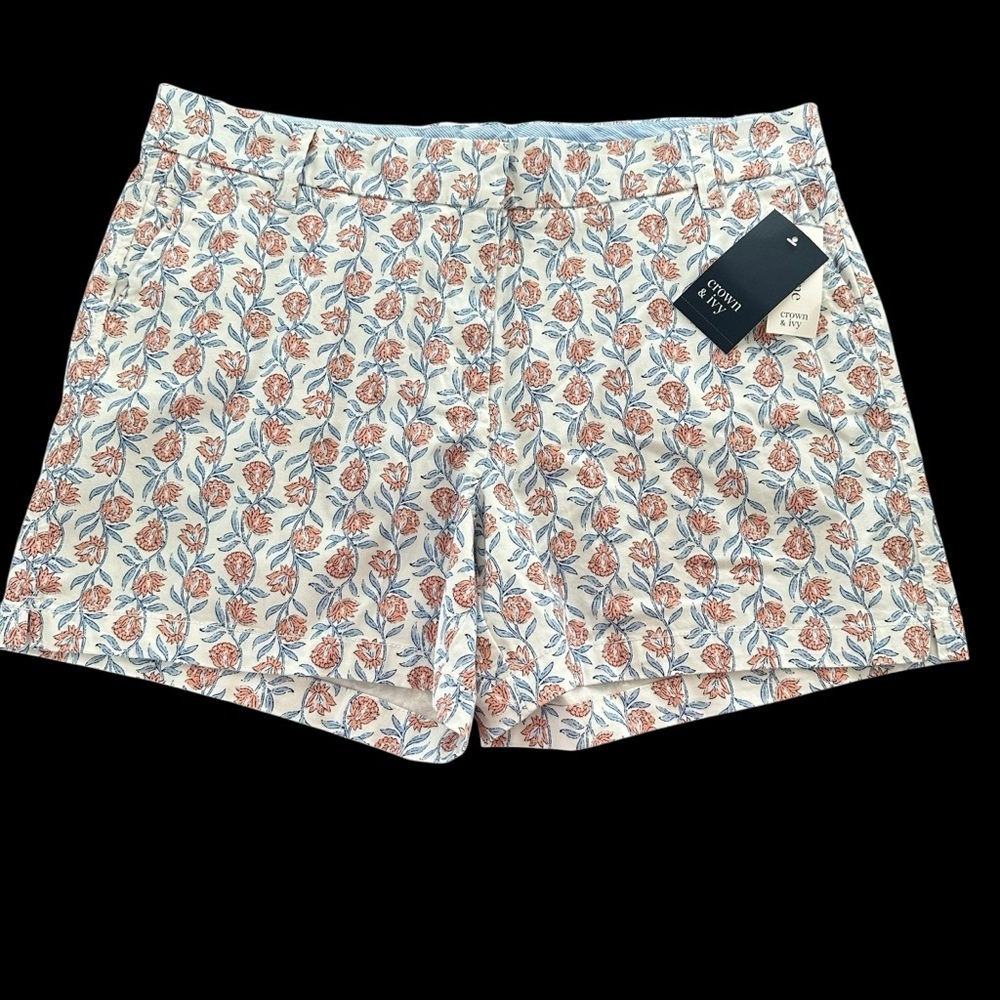 NWT Crown & Ivy size 16 Caroline Floral Print Stretch Twill Shorts 5” New White